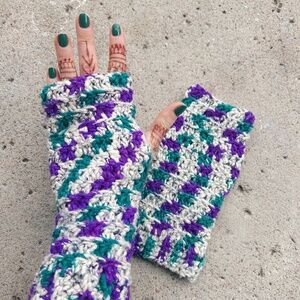 Purple, Teal, and White 90s Style Fingerless Gloves